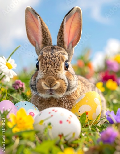 Close-up of bunny with decorated eggs in vibrant flower meadow