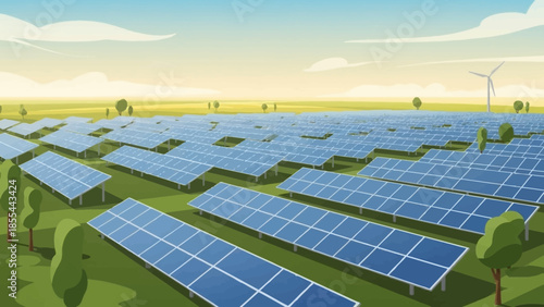 Automatic Green Energy Generation: Solar Panels Spanning a Rural Field Landscape