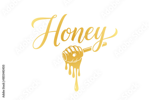 Golden honey logo with dripping honey from a honey dipper