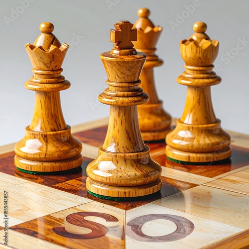 Close-up of chess pieces on a wooden board, showcasing game strategy