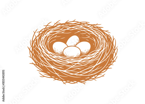 This vector icon represents a bird's nest, showcasing a vibrant and detailed construction made of twigs, containing three eggs. 