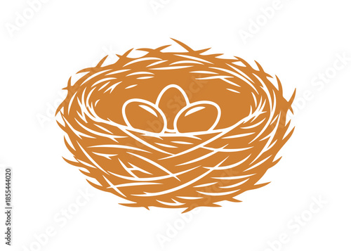 A vector icon of a bird's nest showcasing a colorful and intricate design made from twigs, containing three eggs within. This design embodies themes of nature, wildlife, and nurturing.