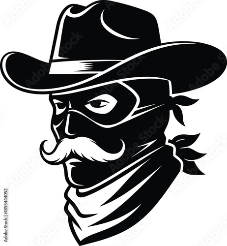 Masked Bandit Cowboy Head Vector Mascot. Black and White Outline Drawing of a Western Outlaw with Mustache and Hat.