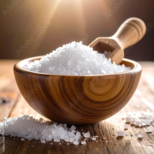 Close-up of coarse salt in a wooden bowl with scoop and sunlight