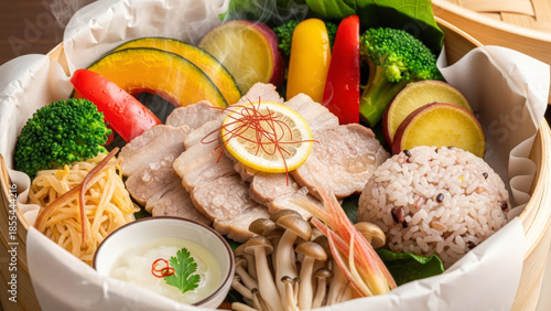 塩麹豚と雑穀ご飯、蒸し野菜を盛り合わせた彩り豊かな日本のワンプレートせいろ料理