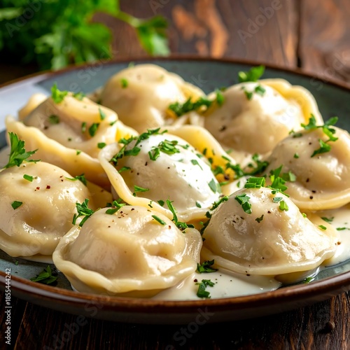Close-up of cooked, savory dumplings with garnish and sauce