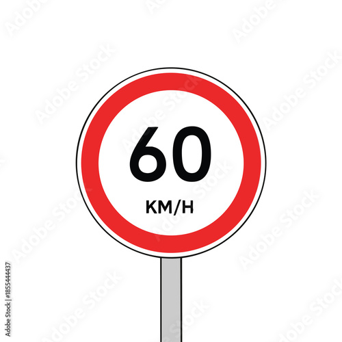 A circular speed limit sign with "60 KM/H" within a red border and on a gray pole