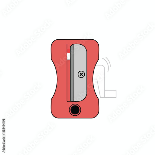A red, geometric pencil sharpener on white, with a crank silhouette