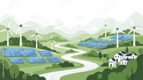 Sustainable Energy Landscape with Solar Panels, Wind Turbines, and Rural Community