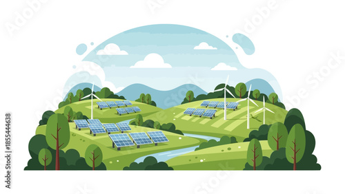 Sustainable Energy Production in Scenic Green Landscape with Solar Panels and Wind Turbines