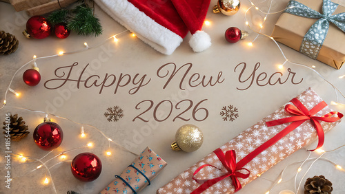 Merry Christmas and Happy New Year greeting card featuring a festive winter holiday illustration with a gold star, fir tree decorations, red ribbons, and sparkling xmas balls on a vector banner