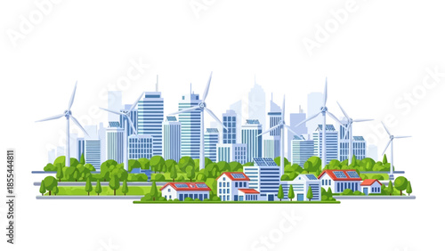 Eco-Friendly Cityscape: Modern Buildings, Wind Power, and Solar Energy