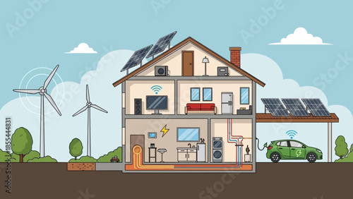 Illustrating a modern smart home powered by renewable energy sources, featuring a cross-section
