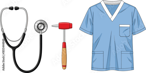 Medical Tools and Uniform Set Vector Illustration Stethoscope Reflex Hammer Doctor Nurse Scrubs Healthcare