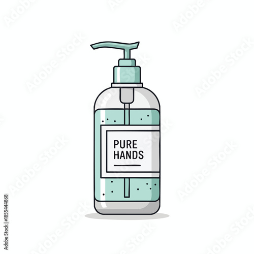 Illustrated sanitizer bottle with mint green details and the words "PURE HANDS.