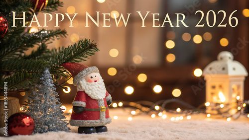 Merry Christmas greeting card featuring Santa Claus with a festive tree and snowman in a winter holiday celebration vector illustration