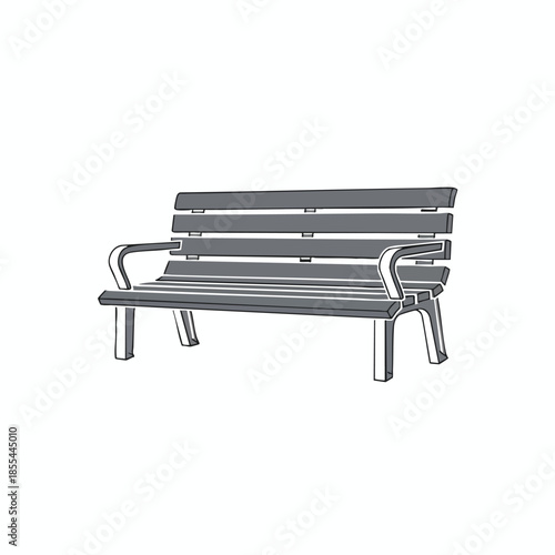 Gray park bench illustration with angled arms, slats, and square legs