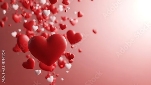 Group of floating 3D red and white hearts on soft pink background. Romantic flying heart shapes with depth of field bokeh effect.