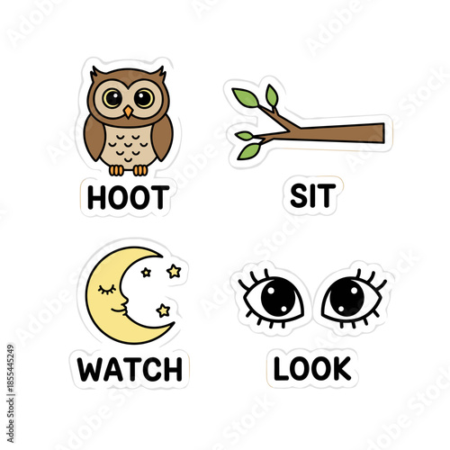 Owl Themed Stickers with Words - Hoot, Sit, Watch, Look.