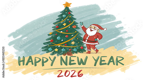 Merry Christmas greeting card design featuring a happy Santa Claus with a decorated tree and gifts in a festive winter celebration vector illustration