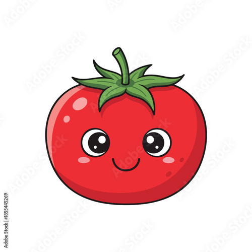 Cute cartoon tomato with a cheerful face, green stem, and glossy skin