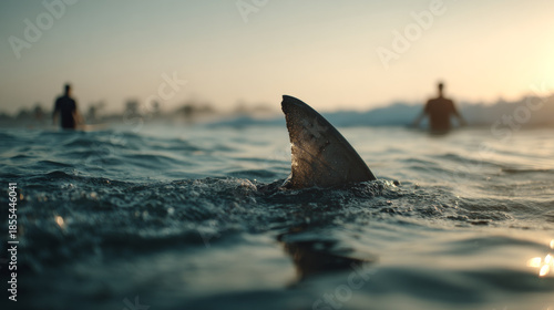 A shark fin emerging above the water surface with surfers in the background at sunset