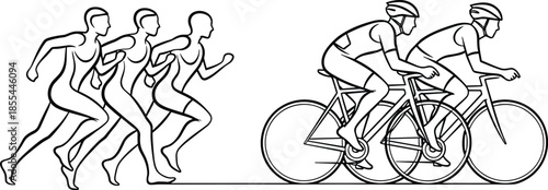 Minimal line art illustration of athletes running and cycling together symbolizing teamwork, endurance training, fitness motivation, and competitive sports activity.