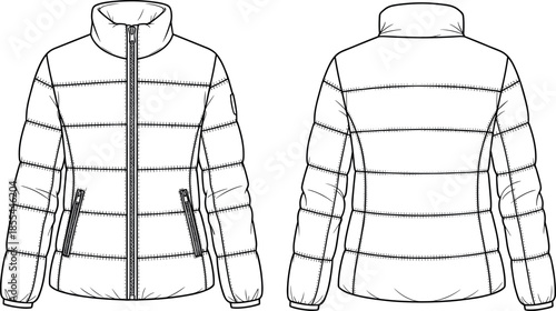 Womens Short Quilted Puffer Jacket Technical Flat Sketch with Stand Collar Horizontal Stitching Full-Zip Front and Zipper Pockets Vector Template Illustration