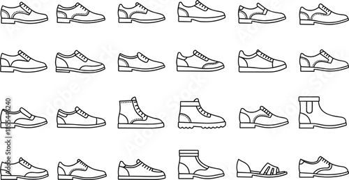 Men’s shoes collection line art vector illustration showing various footwear types including formal, casual, boots, and sandals for fashion design.