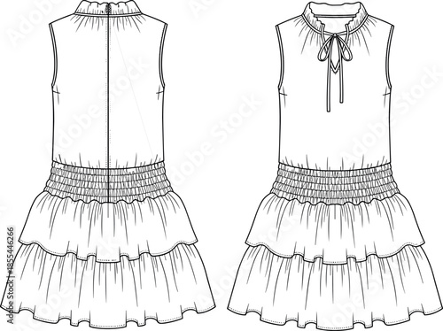 Womens Sleeveless Ruffle Tiered Skirt Dress with Smocked Waist Gathered High Neck and Tie Detail Technical Flat Sketch Vector Template