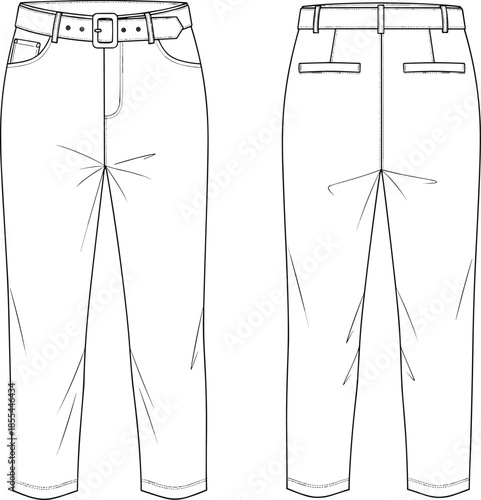 Men’s tailored pants technical flat sketch, front and back view, belt loops, welt pockets, cad drawing, vector illustration, garment design