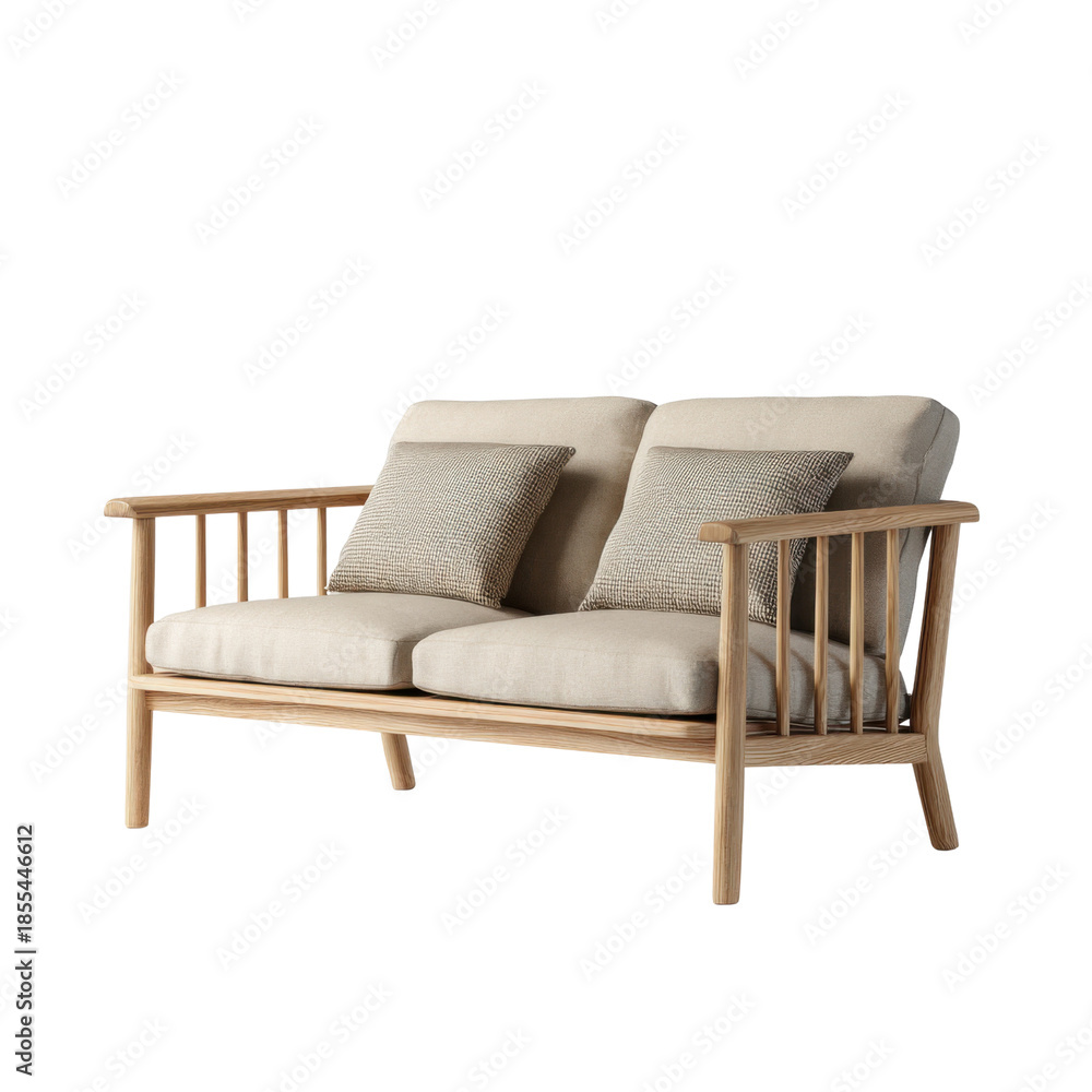 Fototapeta premium Modern Comfort: A minimalist wooden sofa with neutral-toned cushions, showcasing clean lines and inviting warmth, a perfect addition to any living space.