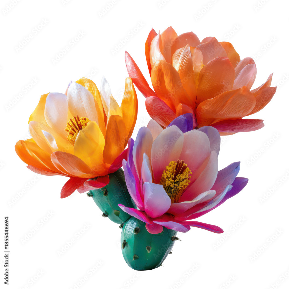 Naklejka premium Blooming Cactus Flowers: A close-up view of vibrant cactus flowers, showcasing their intricate details and vivid colors, bringing a touch of desert beauty.