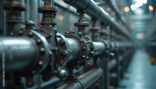 Metallic pipes and valves in industrial plant. Close-up view of complex plumbing system with secure connections and precision components. Metal tubes carry fluids under pressure in factory setting.