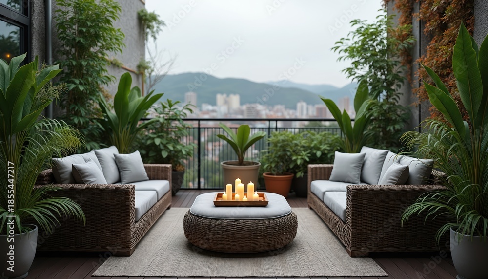 Fototapeta premium Modern balcony with outdoor furniture and plants offers city views. Two sofas and ottoman with candles create serene space. Rich foliage surrounds comfortable seating area. Relaxing urban retreat.
