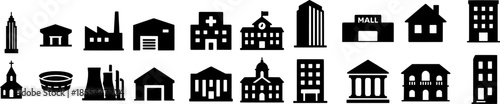 Black Silhouette Icons of Urban and Civic Buildings – Skyscraper, Hospital, Factory, Church, School, Mall, Stadium, Residential, Government, Industrial Structures
