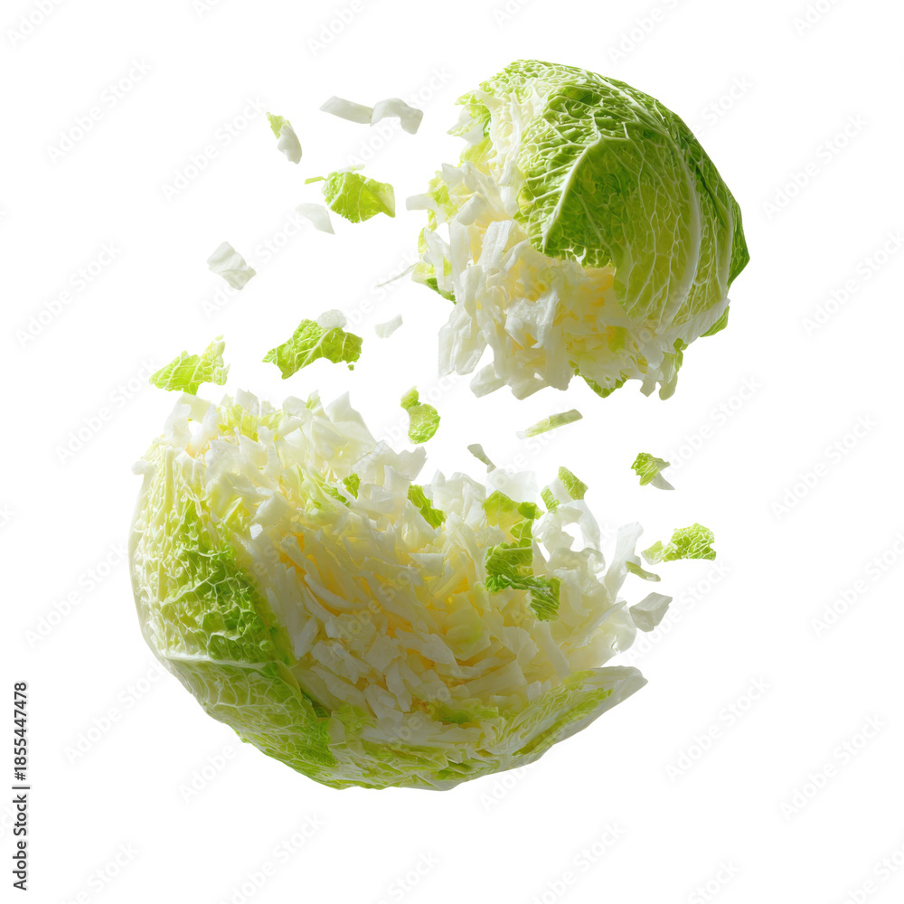 Obraz premium Deconstructed Cabbage: An artistic capture of a cabbage, broken down into its essence with intricate detail, displaying the layers and texture of this fresh produce.
