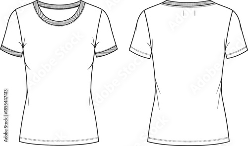 Cad drawing flat vector illustration, technical t-shirt sketch, fashion design template, apparel blueprint, garment construction, crew neck tee outline