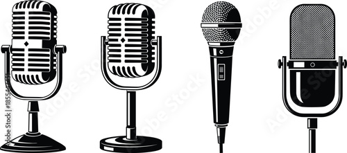 Microphone Vector Set – Vintage, Handheld, and Studio Styles for Audio Recording, Broadcasting, and Music Production Illustration
