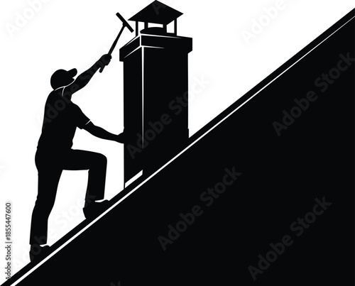 Professional Chimney Sweep Cleaning Flue Illustration, Worker Climbs Steep Roof with Tools, Silhouette Vector Graphic for Rooftop Maintenance and Service Advertisement