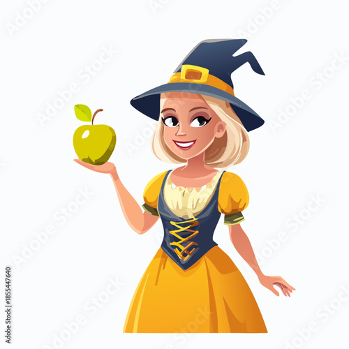 Cartoon witch holding a green apple with a leaf.
