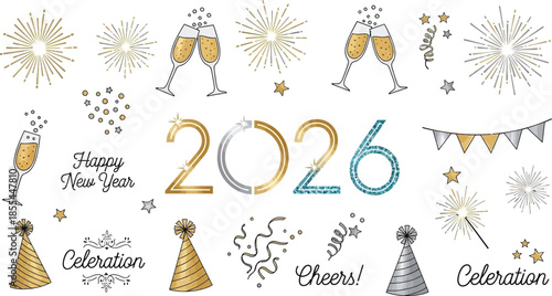Happy New Year 2026 celebration elements with champagne and fireworks