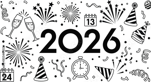 Celebrate 2026 with festive party elements and fireworks