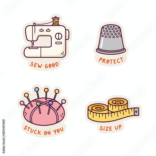 Sewing-themed sticker set featuring a sewing machine, thimble, pin cushion, and measuring tape with punny text.