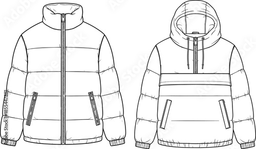Puffer Jacket and Hooded Anorak Pullover Technical Fashion Illustration Drawing Vector Mockup for Designer Apparel Clothing CAD Template