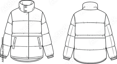Puffer Jacket CAD Drawing Flat Vector Illustration Front and Back View for Fashion Design Technical Specification and Apparel Template