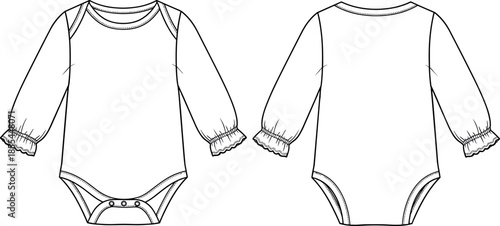 Baby Girl Long Sleeve Ruffled Cuff Bodysuit Technical Flat Sketch, Infant Onesie Apparel Design Vector Template, Front and Back View.
