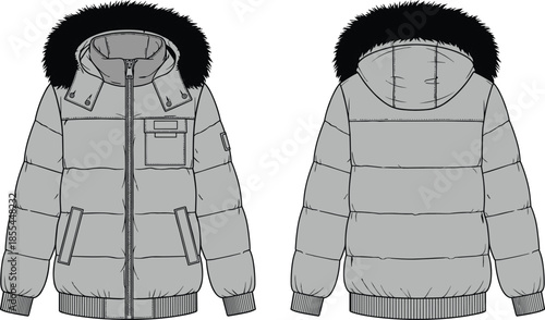 Puffer jacket, winter coat, hooded parka, insulated outerwear, front, back, view, men fashion, apparel, garment, technical, sketch, flat, vector, illustration, clothing, design, cad, drawing, detail