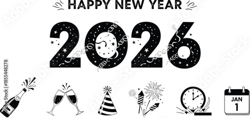 Happy New Year 2026 celebration with festive party elements