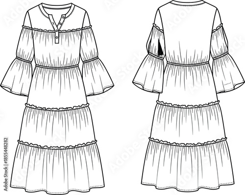 Baby Ruffled Bloomer Technical Flat Sketch, Toddler Diaper Cover with Elastic Waist and Leg Ruffles, Front and Back View Vector.